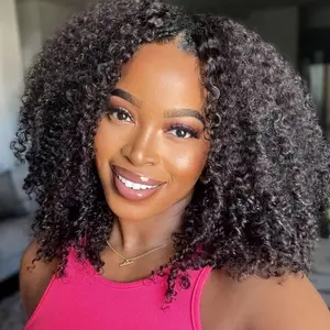 V Part Wig Human Hair Mixed curly Upgrade U Part Wig for Women Kinky curly Glueless Clip In Half Wig Beginner Friendly 180% Density Natural black color