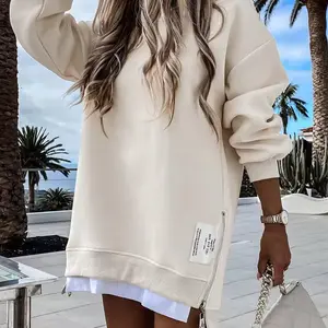 New Autumn Winter Zipper Decoration Round Neck Fake Two-Piece Sweatshirt Casual Chic Long Sleeves Womenswear Elegance Hoodie Jeans Leggings