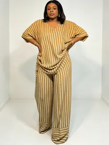 Womens 2 Piece Striped Set Casual V Neck Short Sleeve Top and Wide Leg Pants Outfit 2026 Summer Lounge Set Loose Fit Matching Co-ords Effortless Chic Vacation Wear Old Money Aesthetic Comfortable Streetwear