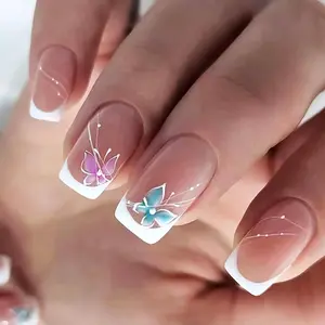 24 Pcs Square Press on Nails Medium, Sunjasmine Summer Butterfly and French Fake Nails Glue on Nails, Glossy False Nails with Nail Glue, Acrylic Nails for Women