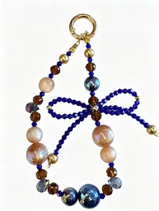 Pink bow mobile phone chain high-end colored diamond short double buckle anti-lost keychain high-end bag pendant