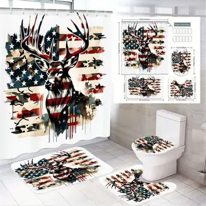 1/4pcs Camouflage American Flag Deer Shower Curtain 4 Piece Set - Patriotic Hunting Bathroom Decor with Matching Toilet Cover, Bath Mat, Rug - Perfect for 4th of July, Memorial Day, Veterans Day, Outdoor Enthusiast Gift