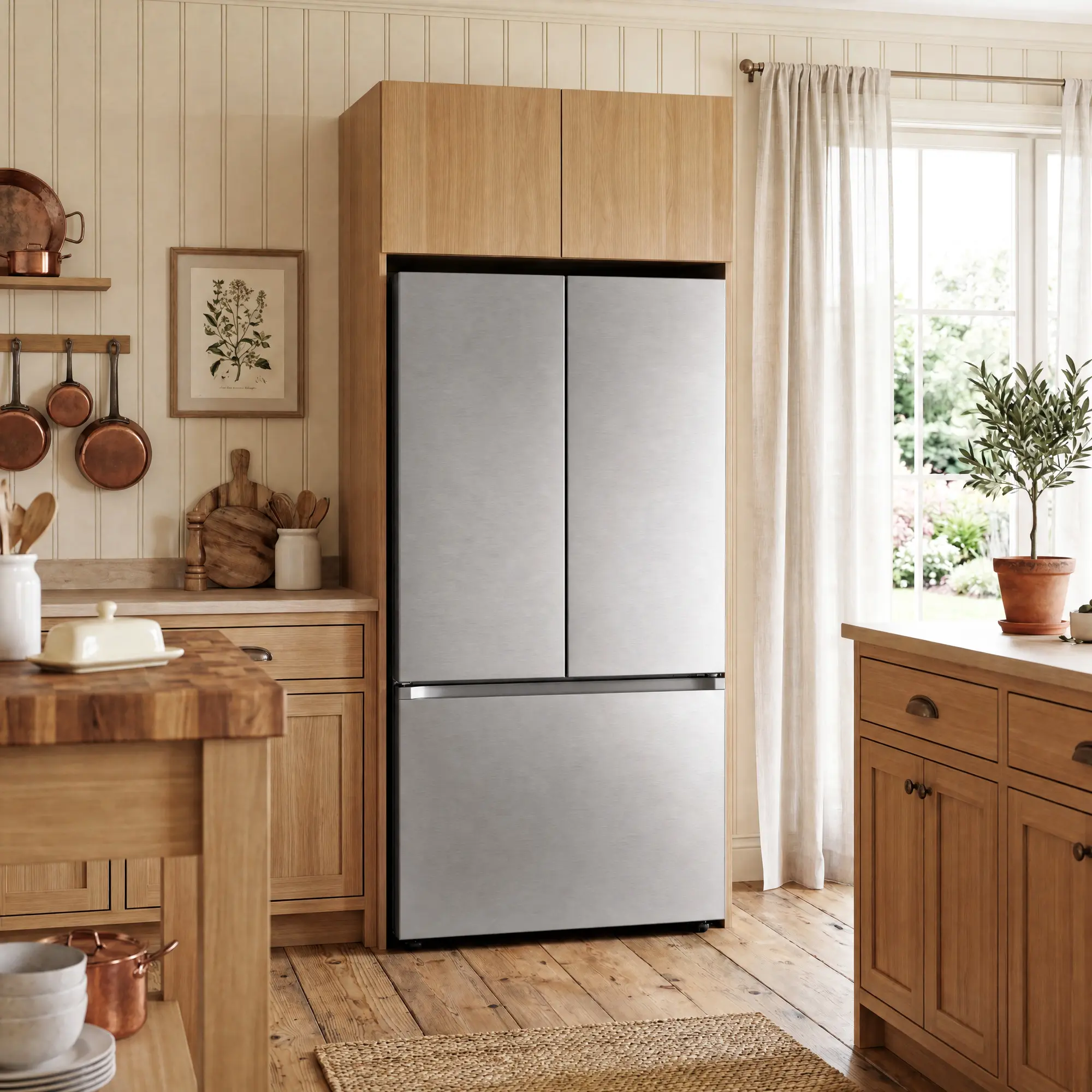 FUFU&GAGA Rectangular Wood Frame Floor Stand Cupboard Furniture - 92.5" Tall Single Unit Modern Cabinet, Large Storage Cabinet with Overhead Hutch, Open Middle Nook for Refrigerator and Soft Close Doors