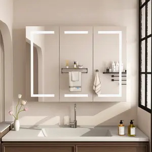 FUFU&GAGA Smart 3-Door Medicine Cabinet with Anti-Fog Mirror Dimmable LED Light & Color Control Modern Aesthetic Surface-Mount Bathroom Storage Organizer