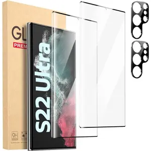 [2+2 Pack Screen Protector for Galaxy S22 Ultra 5G,2 Pack Tempered Glass Screen Protector+2 Pack Tempered Glass Camera Lens Protector,3D Curved,9H Tempered Glass,Touch Sensitive