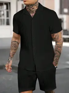 Men's 2 piece set - Men Solid Color Summer Button Up Shirt and Shorts Set for Beach & Casual funny shirts vintage summer clothes men gifts 90s vintage men clothing dad gifts vintage clothing country boy clothes men clothing vacation outfits Gamis Bestie