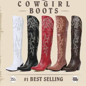 Over the Knee Cowgirl Boots for Women Pointed Toe Embroidered PU Leather Western Boots with Side Zipper Chunky Long Cowboy Boots Summer Shoes Footwear Winter boots ground carnival-JCXW