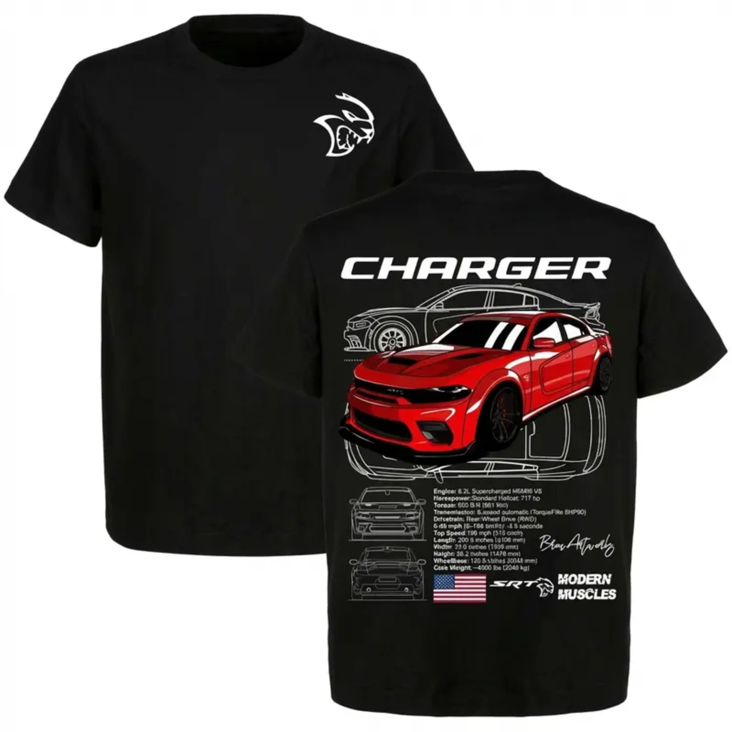Dodge Charger SRT Hellcat Muscle Car, 2 Sides, 6.2L Supercharged HEMI Engine Graphic Tee, Modern Muscles Performance Shirt
