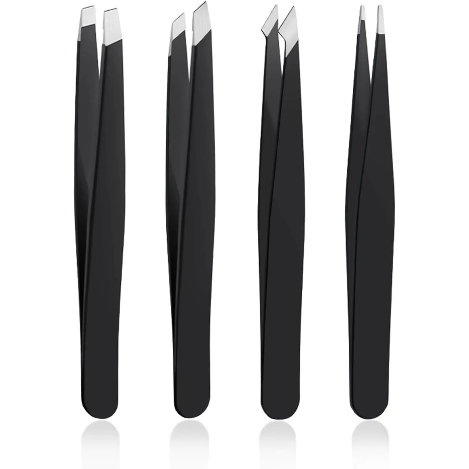 4 PCS Stainless Steel Tweezers Set Black | Precision Tweezers for Ingrown Hair, Facial Hair, Splinter, Blackhead and Tick Remover