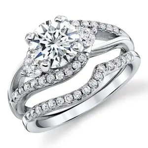 2.4Ct Round Brilliant Love Knot Moissanite Bridal Set Past Present Future Engagement Ring 18K White Gold over Silver
