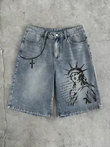 Trending Y2K Baggy Denim Shorts | Statue of Liberty Graphic Cross Chain Streetwear | Distressed Washed Blue Jean Shorts for Men | Retro 90s Skate Hip Hop Casual Summer Shorts | Harajuku Gothic Punk Street Style Fashion | TikTok Viral Streetwear