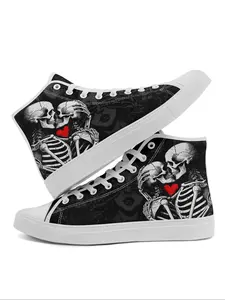 Men's Skeleton & Heart Print High Top Canvas Sneakers, Fashionable Lace Up Sneakers for Daily Wear, Casual Comfortable Sports Shoes for Men, Valentine's Day, Gift
