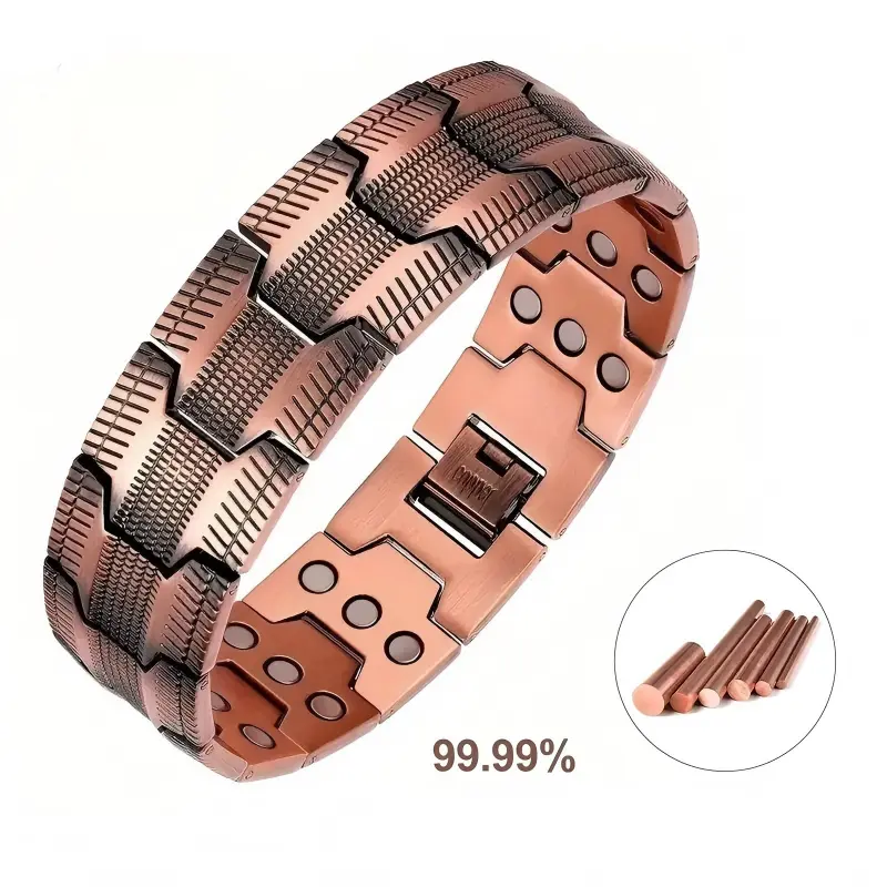 Men's Wide Link Pure Copper Magnetic Bracelet - Tire Tread Pattern, 3500 Gauss Magnets, Adjustable Hypoallergenic Jewelry for Pain Relief, Stylish Gift for Guys, Wearable