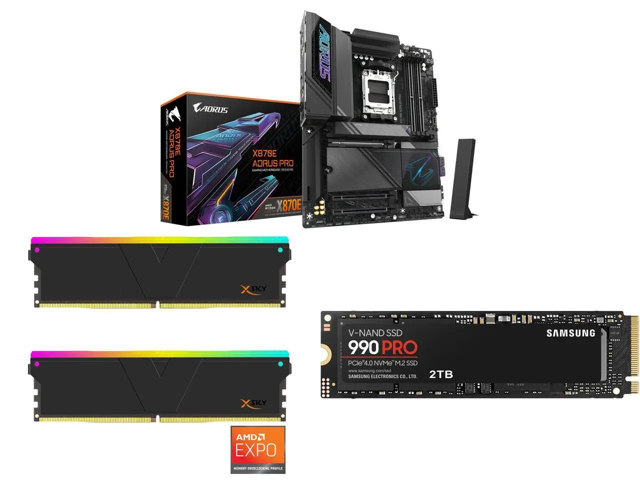 GIGABYTE X870E AORUS PRO AM5 ATX DDR5, 4x M.2, PCIe 5.0, USB4, Wi-Fi 7, 2.5GbE LAN, 5-Year Warranty V-COLOR Manta XSky DDR5 32GB 6000MHz CL30 RGB Memory SAMSUNG 990 PRO 2TB SSD PCIe Gen4 M.2 2280, Read Up-to 7,450MB/s Non-Heatsink