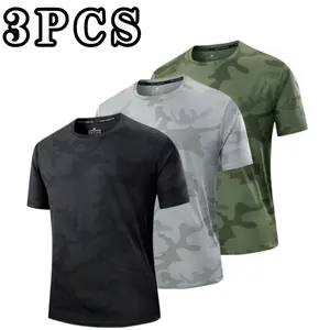3-pack camouflage quick-dry T-shirts, outdoor casual style, skin-friendly breathable fabric, subtle camouflage pattern, slim fit without restriction, men’s wear for hiking, running, and everyday outfits