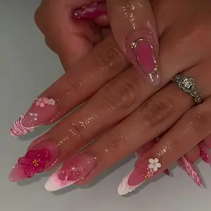 24pcs Almond Shape Nail Wraps, Floral Design, Sparkling Pearl Decoration, Fashionable Elegant Nails, Perfect for Any Occasion