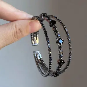 1Count Elegant Black Open-Ended Elastic Bracelet| Luxurious 3-Row Design with Synthetic Zirconia, Suitable for Banquets, Vacations, Music Festivals| Copper and Glitter Style, All-Season Fit