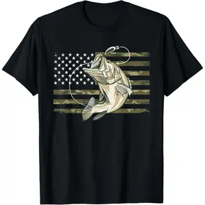 100%cotton Fishing Camouflage US American Flag Bass Fish Fisherman Camo T-Shirt