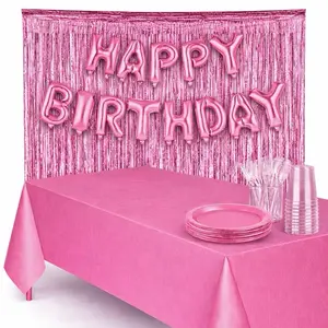 Pink Birthday Party Decoration Kit – Foil Fringe Curtain, Happy Birthday Balloons, Table Cover, Plates, Cups & Cutlery Set