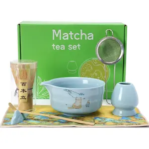 Matcha Set,   Set Includes Matcha Bowl, Matcha Whisk and Holder,  Scoop, Scoop Rest, Sifter and  Towel-7 Pcs, Ceramic Matcha Kit for  Lovers (Blue)
