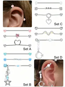 Unisex Stainless Steel Industrial Barbell Stud Earrings, 14 Gauge Plain Design, Heart Pattern, Street Style Body Jewelry for All Seasons