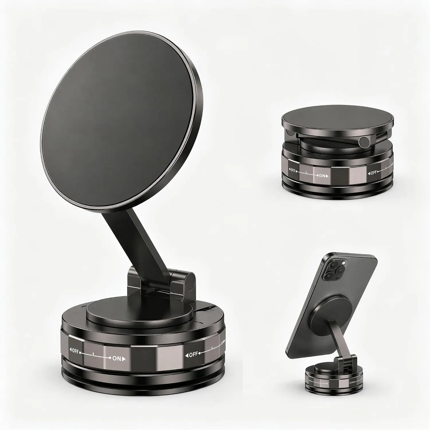 Magnetic Car Phone Mount with Vacuum Suction Cup, 360° Foldable Arm - Ball Joint, Strong Magnet, Compact - GPS Navigation Compatible for Dashboard, Windshield - Fits 4.7-7.0" Phones