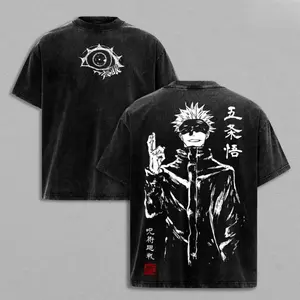 Gojo Satoru Tee Washed – Jujutsu Kaisen: Execution Shibuya Incident Compilation & Culling Game Prelude Vintage Oversized Heavy Cotton Anime Manga T-Shirt, Double Printed Retro Unisex Streetwear Graphic Top, Japanese Anime Merch for Sorcerer Fans