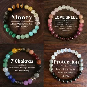 4 Pieces Natural Crystal Healing Bracelet Set - Citrine, Malachite, Rose Quartz & Tiger Eye for Wealth Protection Love & 7 Chakras - Bohemian Energy Jewelry gift for bf