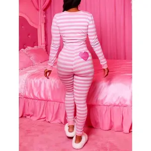 Women Lounge Jumpsuits Long Sleeve Botton Down Stripe Bodycon Pajamas Romper