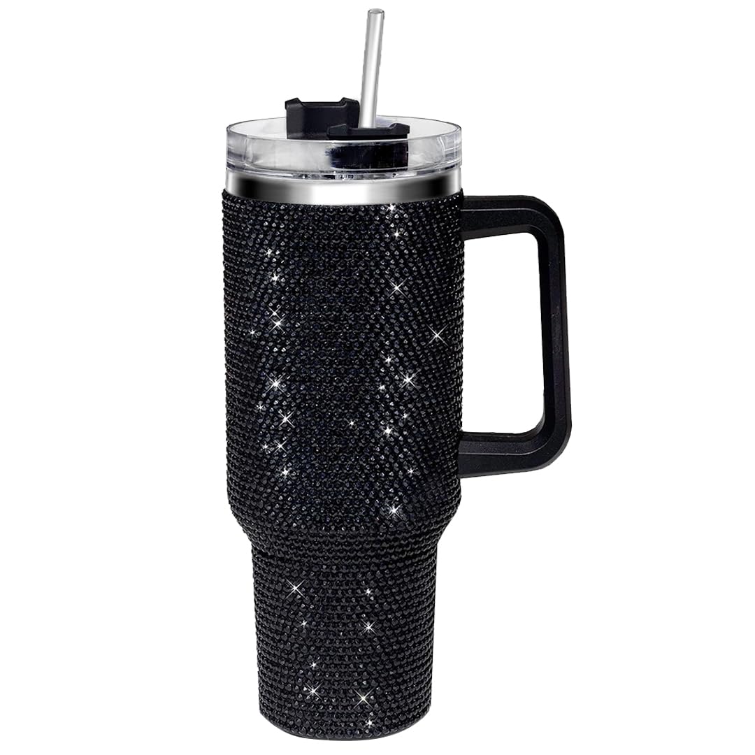 40oz Bling Rhinestones Tumbler with Handle - Sparkly Stainless Steel Water Bottle for IceCoffee, Must-Have CarAccessories & GymEssentials, Diamond Studded Cup for Women, Cute Birthday Gifts
