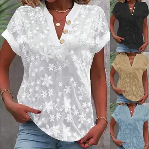 Women's Summer V-neck Flower Lace Top Short Sleeve Button Details Mesh Embroidered Casual Loose ShirtRAIMENTRY