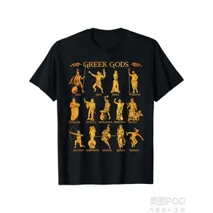 Men'S & Women'S Greek Gods Mythology T-Shirt - Heavyweight 220GSM Pure Retro Greek Key & Gods Print with Poseidon, Zeus, Hades, Apollo, Artemis, Athena, Hera, Demeter, Hestia, Ares - Black with Golden Lettering - Unisex Casual Round Neck Short Sleev