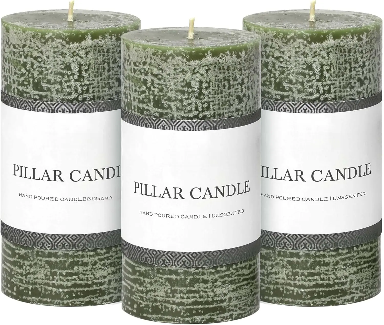 3x6 Inch Moss Green Pillar Candles - Set of 3, Long Clean ,  Dripless Candles for Spring  Decor, Dinner Table, Bathroom, Rustic Decor