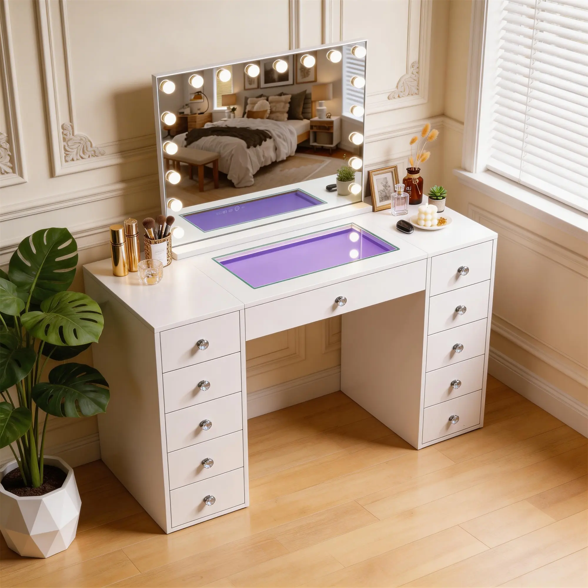VANITII Large Vanity Desk with 32×23'' Hollywood Makeup Mirror, Makeup Vanity Table with 11 Drawers Bedroom Dressing, Modern Dressing Table for Women & Girls