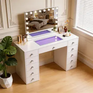 51-inch 11-drawer vanity desk matches 32×23-inch Hollywood makeup mirror, perfect matching set for full beauty dressing needs.