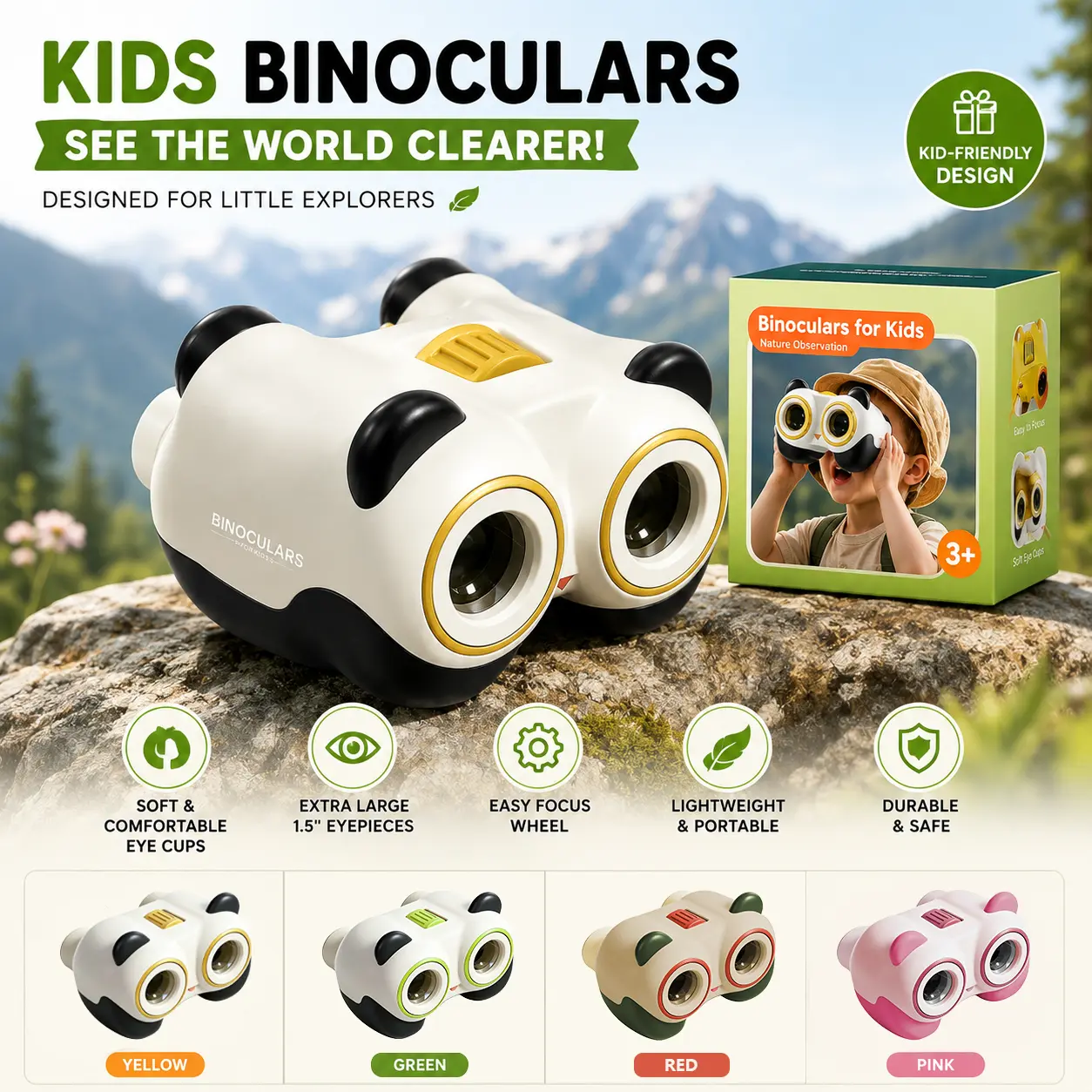 （DR）Panda Kids Binoculars for Ages 2-12, Outdoor Exploration Toy for Boys & Girls, Easy Focus Lightweight Binoculars, STEM Educational Toy, Bird Watching, Camping, Hiking, Safari Adventure, Birthday Christmas Gift for Kids   Camera with Microscope