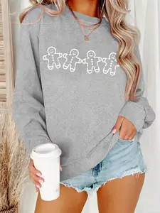Women's Christmas Cartoon Gingerbread Man Print Crew Neck Sweatshirt, Casual Long Sleeve Pullover for Fall & Winter, Women's Clothes for Daily Wear