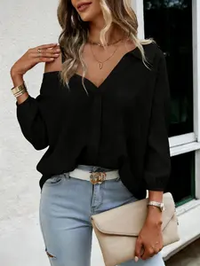 Plus Size Cold-Shoulder Button-Down Blouse – Casual Loose-Fit Textured Puff Sleeve Shirt, Fashion Trendy Street Style Outfit, Spring Summer Daily Wear, Office Layering Top, Y2K Aesthetic Clothes, Matching Jeans & Skirts, Womenswear
