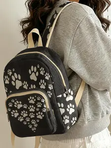 1 piece of white paw print pattern 2D printed lady's backpack, corduroy texture + layered storage + light weight reduction | perfect for students to go to class/stroll out for shopping/travel for short trips | combines atmosphere with practicality