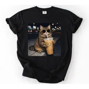 Funny Cool Cat Drinking Iced Coffee Shirt – Cute Meme Graphic Tee