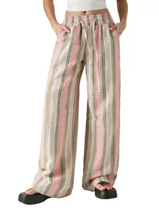 Women's Striped Colorblock Adjustable Drawstring Casual Pants, Commuter & Home Relax Wear, Versatile Daily Fashion, Natural Style