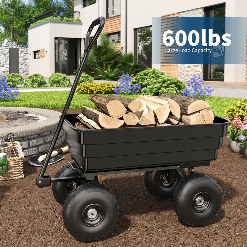 Poly Dump Cart - Heavy Duty 600 LBS Garden Cart with Quick-Release Dumping & No-Flat 10 in Tires, Utility Wagon for Yard Work, Landscaping, Black durable poly dump cart