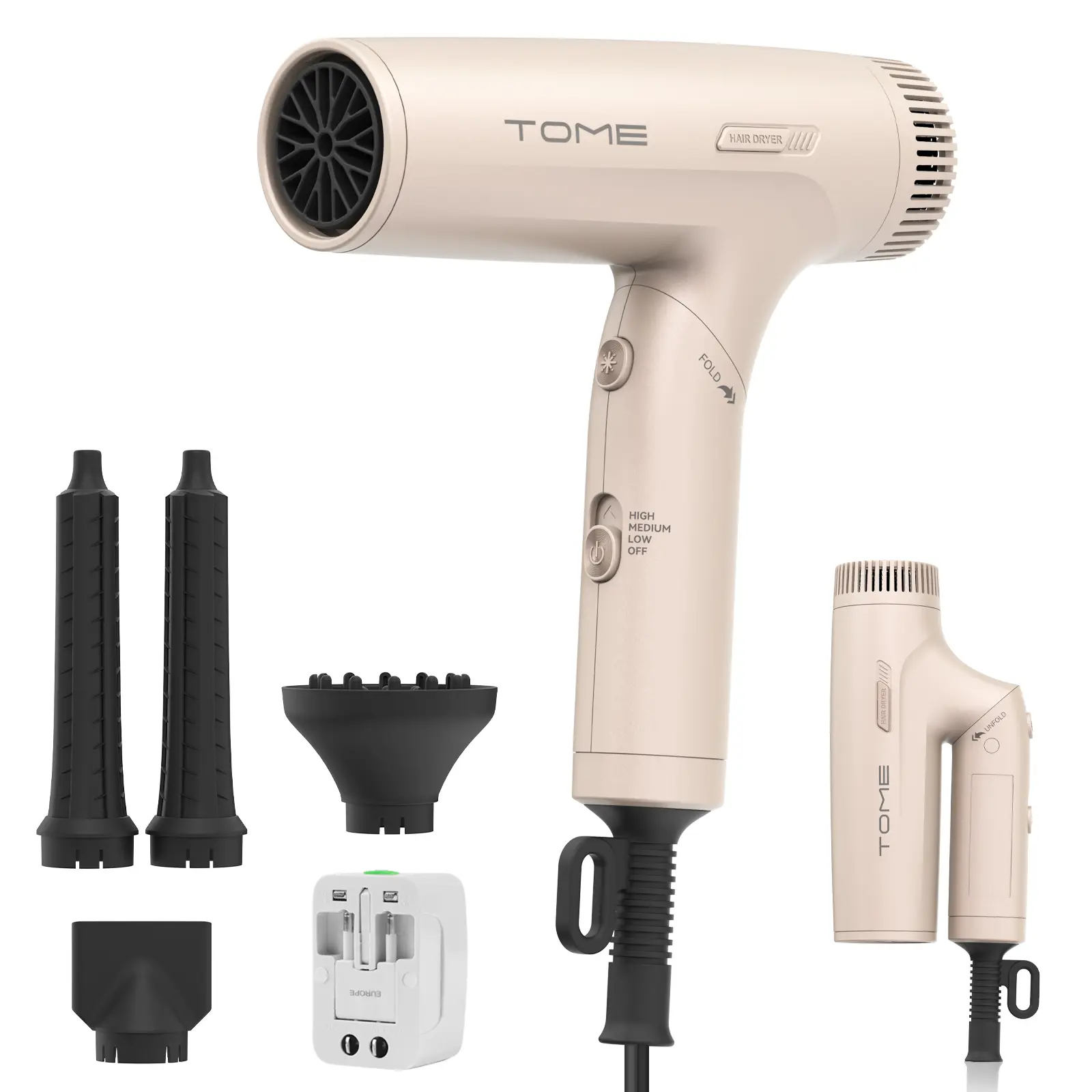 TOME Fold & Go Dual Voltage Travel Hair Dryer with 1200W Power, 120V/240V Universal Adapter, Nozzle, Diffuser, Air-Powered Wrap Wands, Pouch for Curl Styling, Global Use, Included Pouch, Hair Styling, 120–240V Universal Adapter