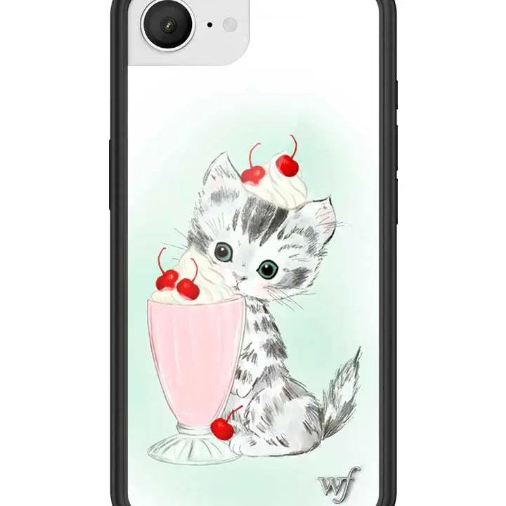 Kitty Shake | Limited Edition Trendy Collab iPhone Case | Raised Protective Black Bumper | Women Owned Small Business | Vibrant White Faint Green Background Cute Tabby Cat Cherry Milkshake | Safety Casing Protective | Gift for Her