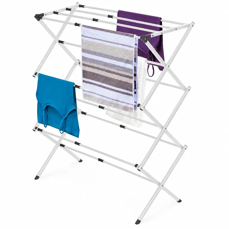 3 Tier Expandable Collapsing Foldable Laundry Rack for Air Drying Clothing, Space Saving Heavy Duty Lightweight Metal Drying Rack(White)