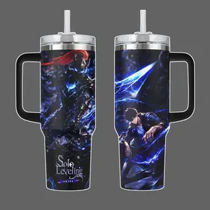 Sung Jin Woo Solo Leveling Anime Stainless Steel Insulated Tumbler With Handle Straw Lid 20oz 40oz Full Wrap Shadow Monarch Arise Design