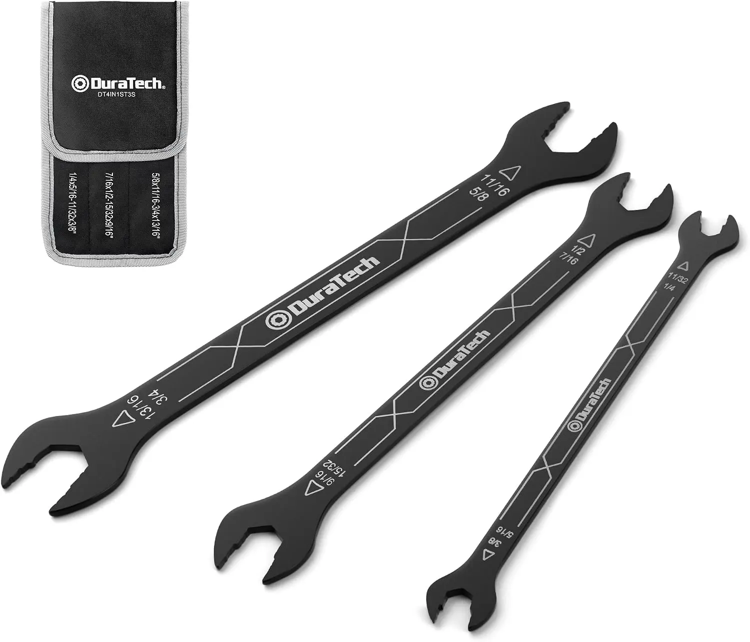 DURATECH 3-Piece Super-Thin Open End Wrench Set, 4-in-1, 12 SAE Sizes 1/4"–13/16", Ultra-Slim Wrenches, Includes Rolling Pouch, Automotive & Home Use