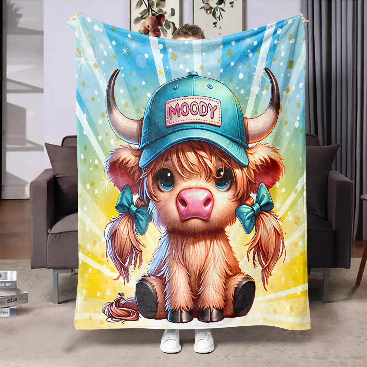 Highland Cow Pattern Flannel Blanket, 1 Count Soft Comfortable Throw Blanket, Cool Room Decor, Warm Napping Blanket for Home Office Travel Camping