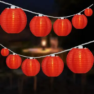 HOSY 10 Count Red Lantern with 11 White Wire String Lights 12" Spacing Plug-in Lantern String Lights (Red)