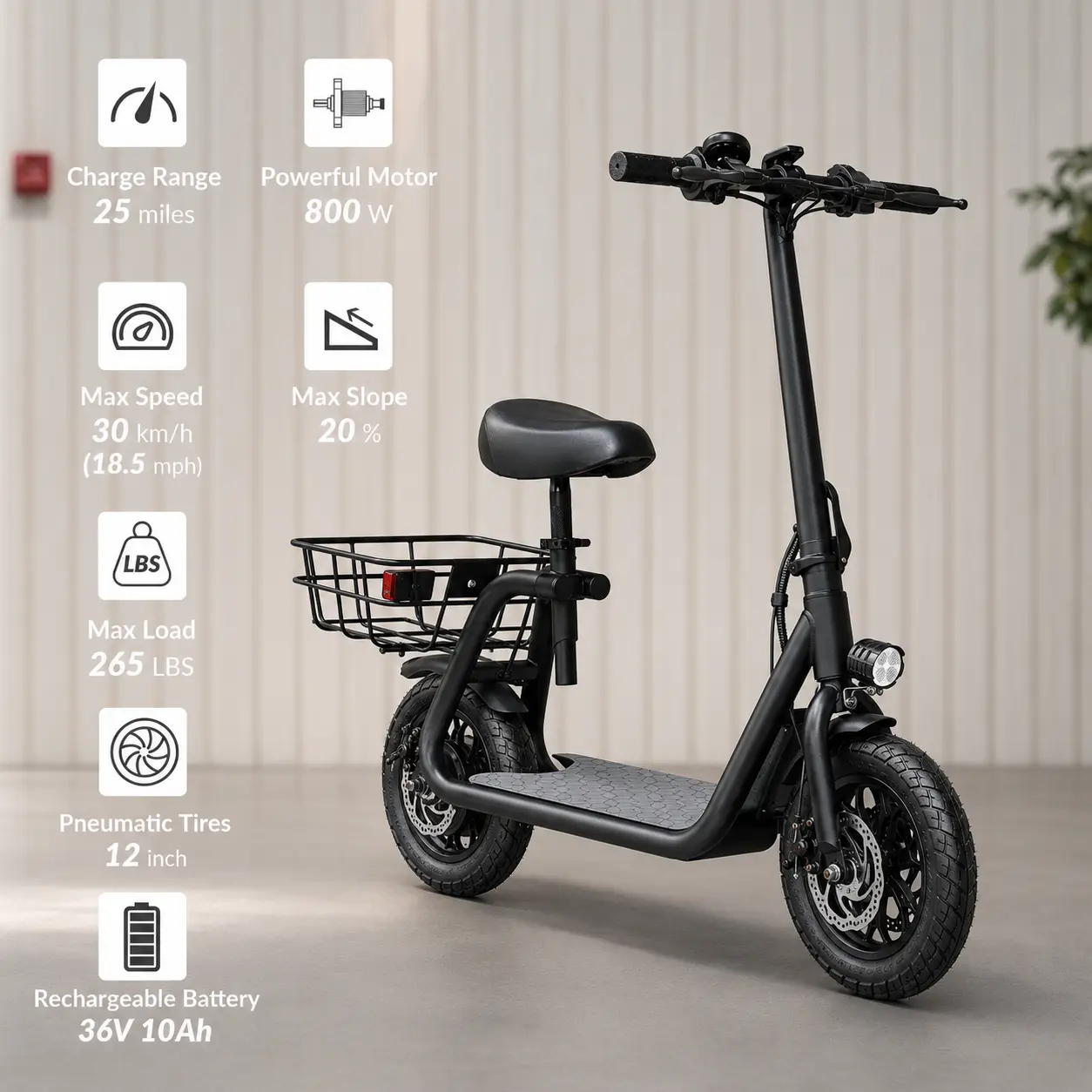 Adult Foldable Electric Scooter with Seat, 800W Motor, 48V 10Ah Battery, 18.6 MPH Top Speed, 12" Tires, Dual Disc Brakes, Rear Cargo Basket, 3-Speed E Scooter